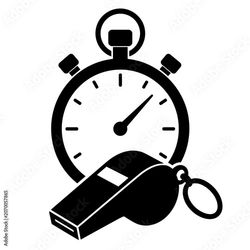 Coach whistle and stopwatch icon in black silhouette design  