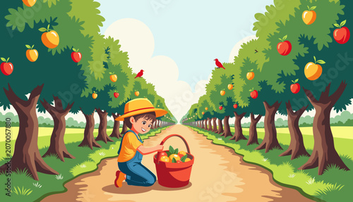 Young child picking apples in orchard surrounded by trees