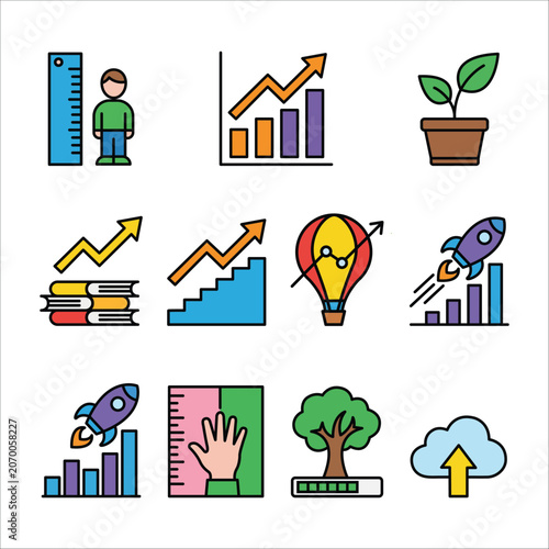 Business Growth and Progress Icon Set with Flat Line Icons Representing Success, Development, Financial Charts, Rocket Launch, and Education Metrics
