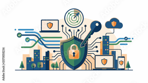 A stylized illustration of a green shield with lock and key surrounded by cityscape and digital elements