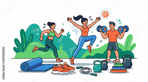 A vibrant illustration of three friends engaging in outdoor fitness activities