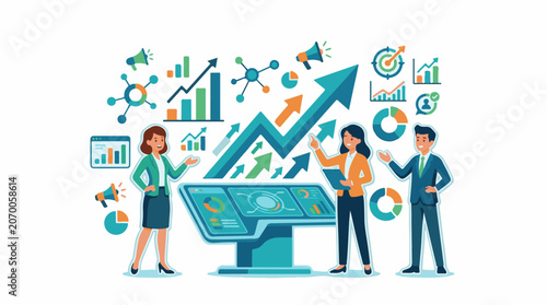 Business professionals analyze data on a large screen surrounded by graphs