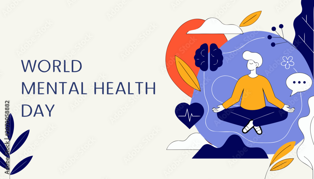 Obraz premium Mental health awareness, World Mental Health Day, mindfulness, meditation, wellness vector icon