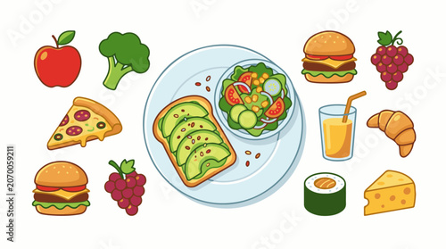 Colorful cartoon food icons arranged on a white background