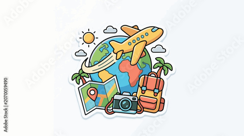 Colorful illustration of a globe, airplane, map, camera, and palm trees