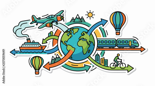 Colorful illustration of globe surrounded by transportation modes and landmarks