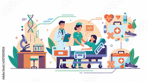 Colorful medical illustration of doctor, nurse, and patient in a hospital room