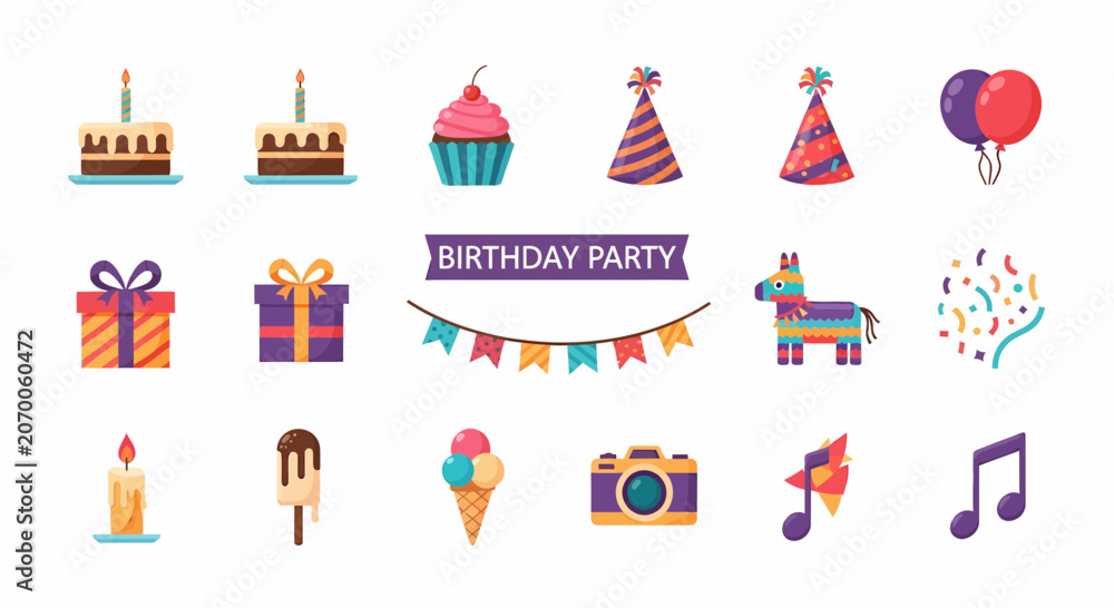 Fototapeta premium Colorful birthday party celebration icons set.