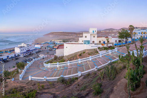Panoramic View of Sidi Ifni with Terraced Stairway and Atlantic Beach at Twilight - Morocco