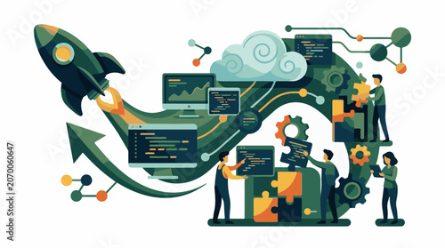 Illustration of people working on computers with a rocket and gears