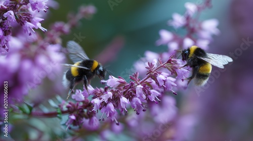 Bees pollinating flowers in macro close-up