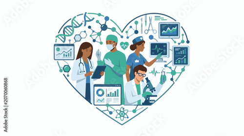 Medical professionals with analytics and science graphics around them in a heart