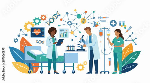 Medical professionals working together in a hospital setting with various scientific and medical equipment