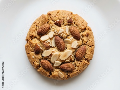 Delicious Almond Cookie Baked with Whole and Sliced Nuts on a White Plate, Top View