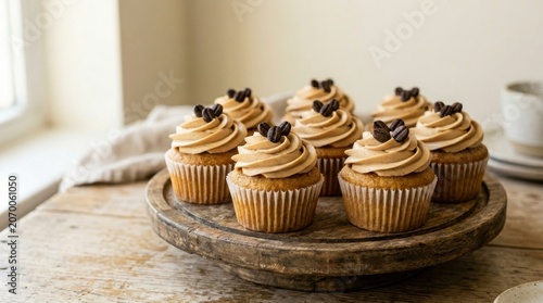 Delicious Coffee-Flavored Cupcakes with Swirled Frosting and Coffee Bean Garnish on a Wooden Stand