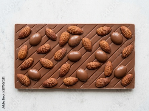 Delicious milk chocolate bar with whole almonds embedded in a textured surface, a delightful sweet treat