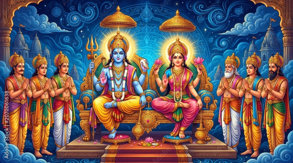 Fototapeta premium Vishnu and Lakshmi Deities in a Divine Worship Scene with Devotees, Traditional Attire, and Sacred Symbols