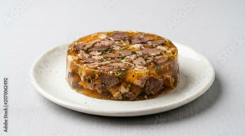 A Round Mold of Savory Jellied Meat Aspic Served on a White Plate
