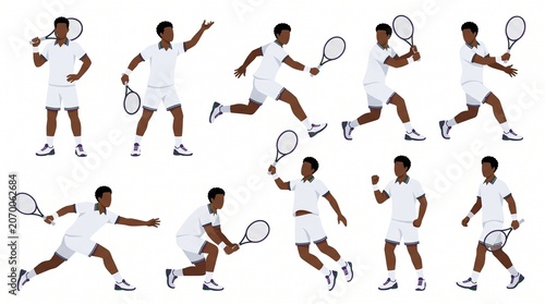 Male tennis player character sheet with multiple action poses, dark skin athlete performing forehand, backhand, volley, smash and celebration in Wimbledon style flat vector illustration.