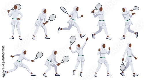 Female tennis player wearing sports hijab shown in multiple action poses including forehand, backhand, volley and celebration. Wimbledon inspired flat vector sports character sheet.
