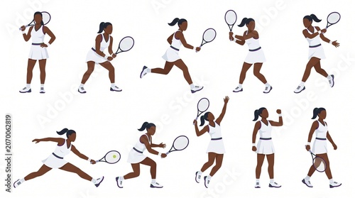 Female tennis player character sheet with multiple action poses, dark skin tone athlete performing forehand, backhand, volley, smash and celebration in Wimbledon style flat vector illustration.
