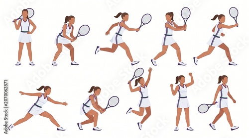Female tennis player character sheet with multiple action poses including forehand, backhand, volley, smash and celebration. Wimbledon inspired flat vector sports illustration isolated on white.