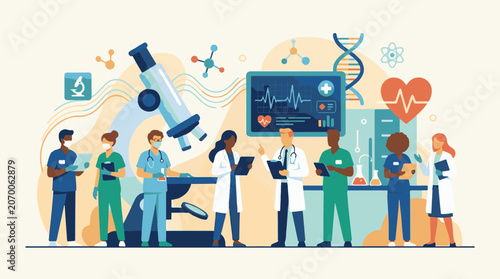 Medical professionals in scrubs and lab coats collaborate around equipment