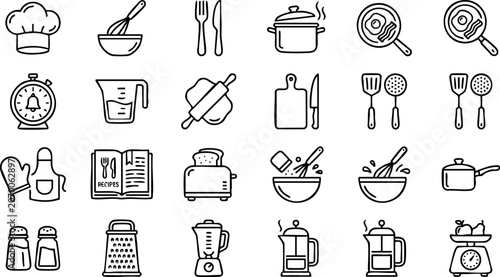 Tableau sur toile Cooking and culinary hand-drawn vector icon set including kitchen tools chef gea