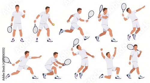 Caucasian male tennis player character sheet showing multiple dynamic tennis poses including forehand, backhand, volley, smash and celebration in Wimbledon vector illustration style.

