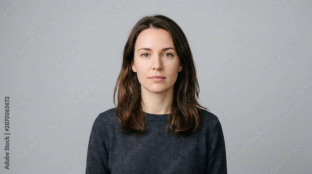 Fototapeta premium Studio headshot of a serious young brunette woman with wavy hair looking at the camera against a neutral solid light gray background backdrop