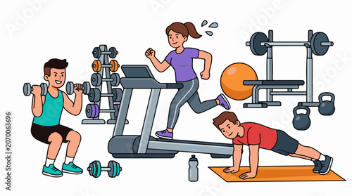 A colorful illustration of three people exercising in a gym with various equipment (1)