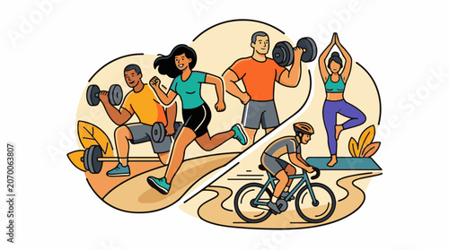 A colorful illustration of people engaging in various fitness activities (2)