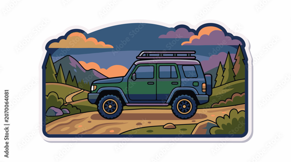 Fototapeta premium A green SUV on a dirt road with mountains in the background