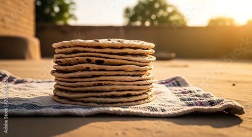 Stack of Freshly Baked Waffles on Rustic Wooden Table at Golden Hour