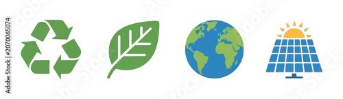 Quadro su tela Eco Icons with Recycle and Leaf Symbols, Modern Sustainability Design in Flat Ve