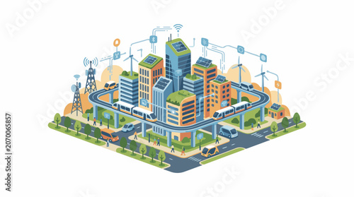 A futuristic city with green roofs and solar panels featuring a monorail and wind turbines