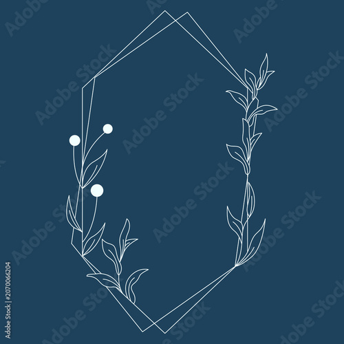 Floral polygon hand drawn style. Floral navy frame of twigs, leaves and flowers. Frames for Valentine’s Day, wedding decor, logo and identity template.