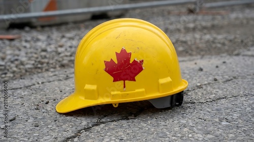 USA Labor day Labor day USA Labor Yellow hard hat with Canadian maple leaf emblem resting on gravel surface safety helmet construction