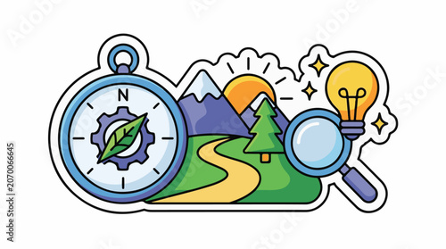 Colorful illustration of a compass, magnifying glass, and scenic landscape with mountains, tree, and road