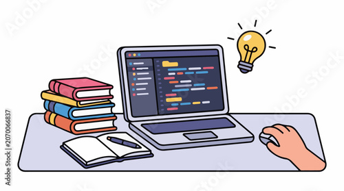 A colorful cartoon illustration of a laptop, books