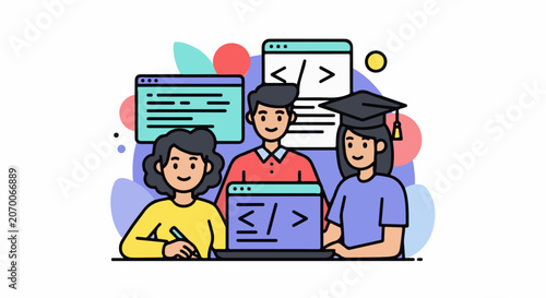 Three people coding together with colorful background