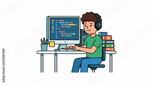 A man in a green shirt and headphones works on a computer