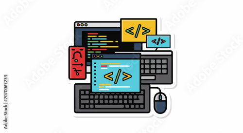 A colorful illustration of coding and web development tools on a computer
