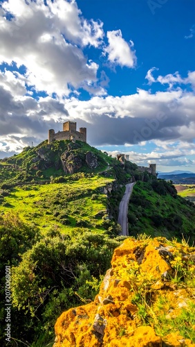 A stone structure crowns a hill, a winding road leading to it. Sunlight bathes the landscape under a blue sky dotted with clouds