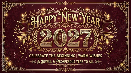 Happy new year 2027 elegant vintage design with ornate gold frame and decorative elements on a deep red background.