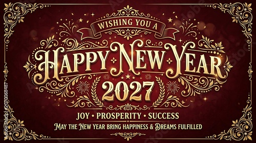 Happy new year 2027 ornate vintage greeting card design with golden flourishes on a rich red background.