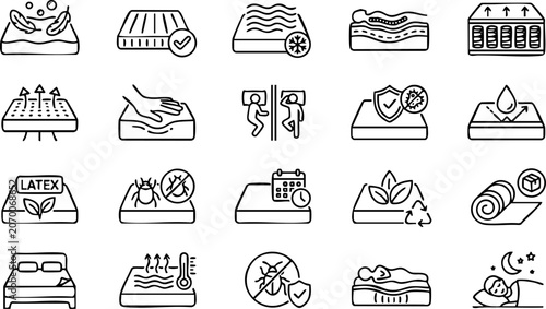 Fotografie Mattress and bedding features icons set showcasing comfort support material prop