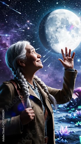 Woman looking at giant moon on crystal alien planet.