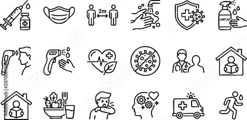 Tableau sur toile Medical health and healthcare safety line icon set for pandemic prevention and w