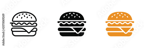 Tableau sur toile Hamburger icon set, outline, solid black, and orange styles, playful vector food symbol for restaurant apps, menu design, fast food promotions, and marketing materials